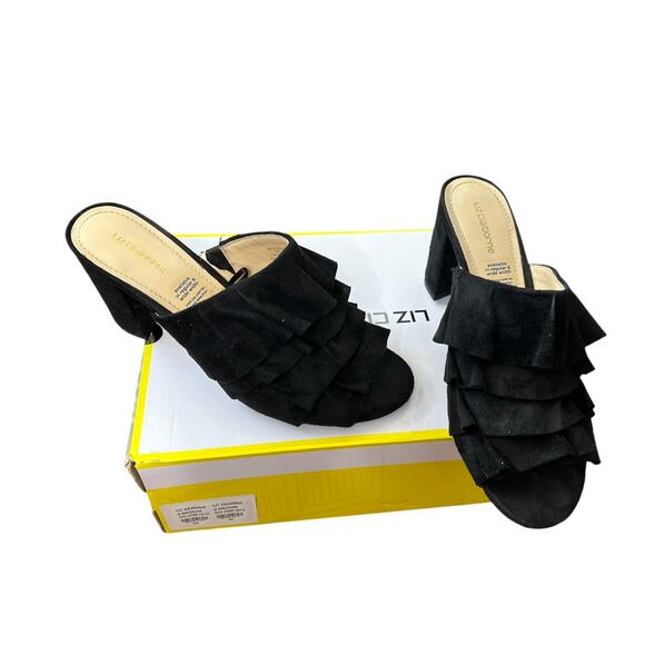 Liz Claiborne Deanna Ruffled Mule Open Toe Slide Heels Black Women's Size 8 M - Picture 1 of 13